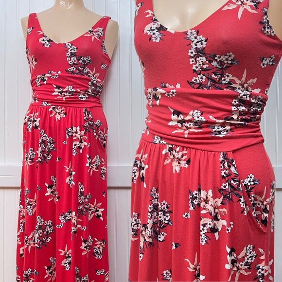 St. Tropez West Hawaiian Floral Red Dress Pockets Maxi Tank Womens Small Stretch - Picture 1 of 10
